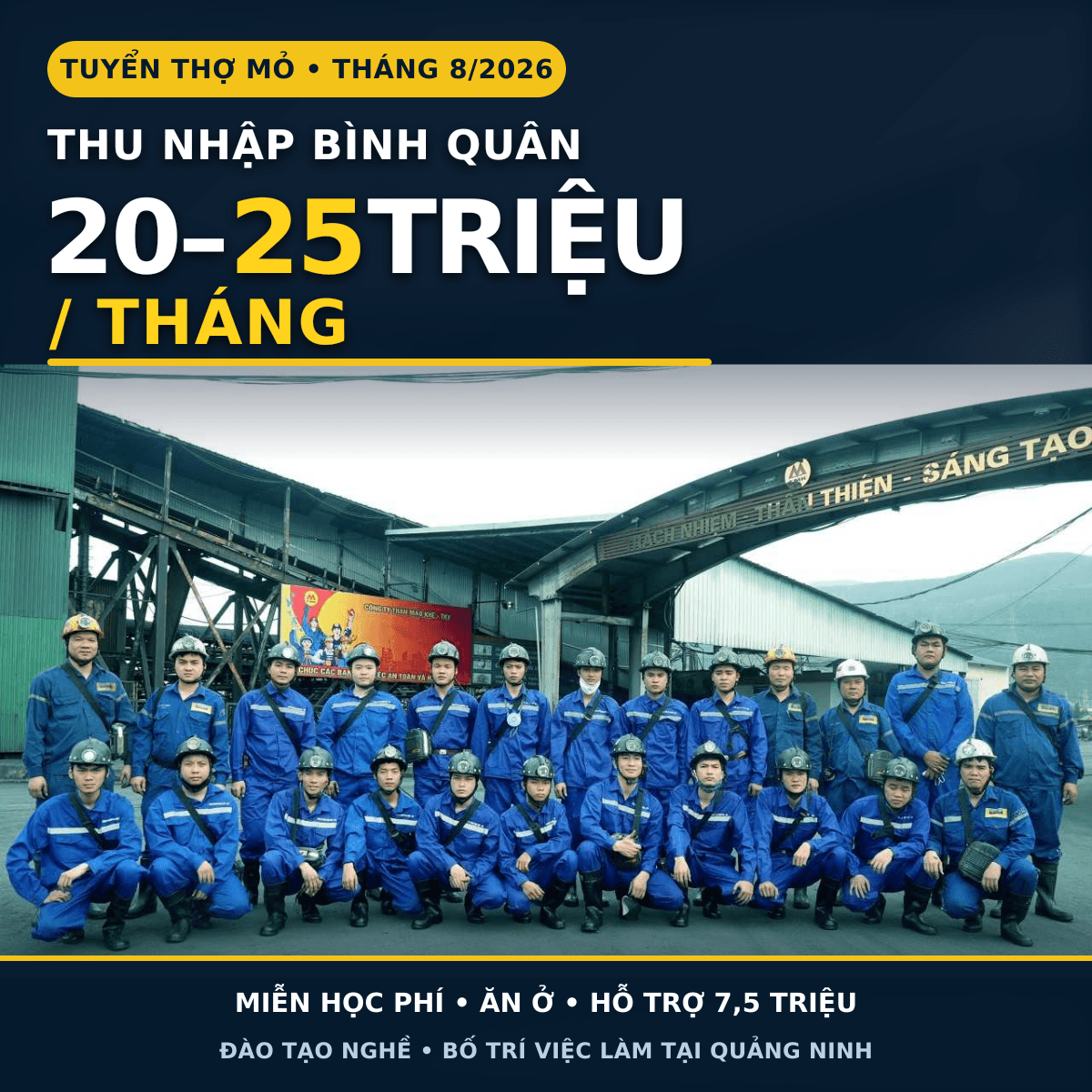 Tuyển thợ mỏ tháng 8/2026 với thu nhập bình quân 20–25 triệu đồng mỗi tháng