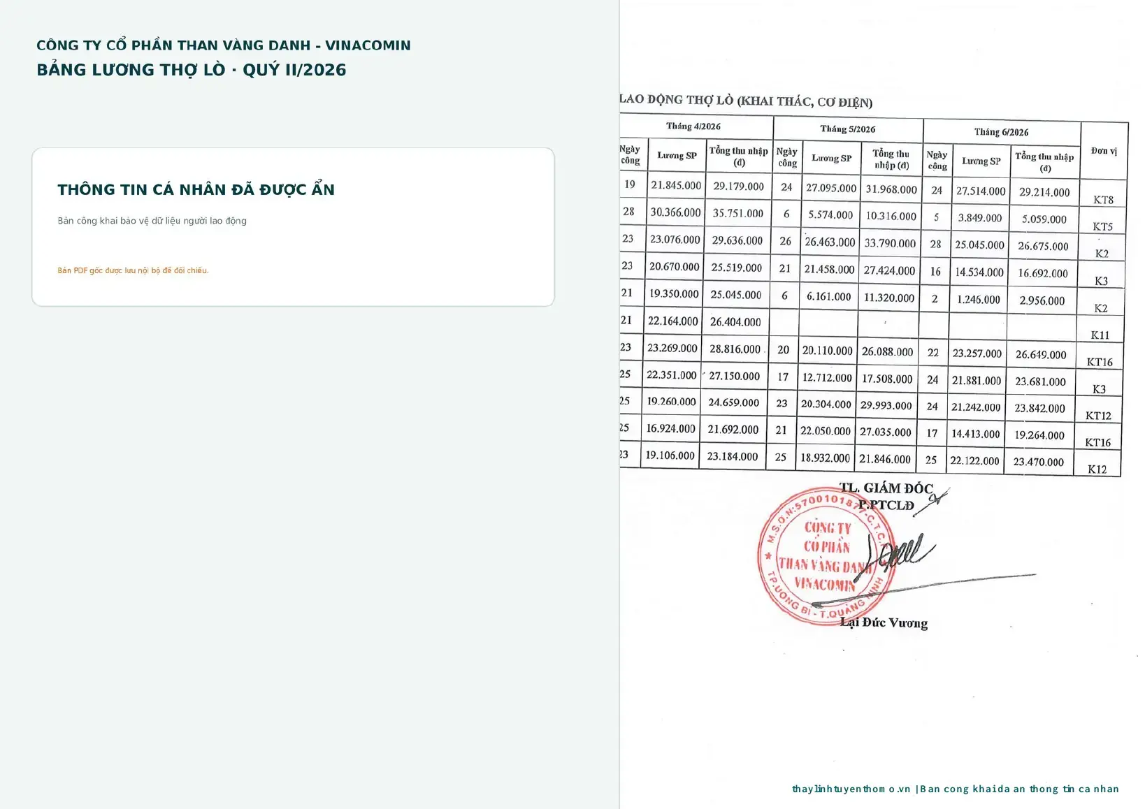 Bảng lương thợ lò Than Vàng Danh quý II năm 2026 đã ẩn thông tin cá nhân
